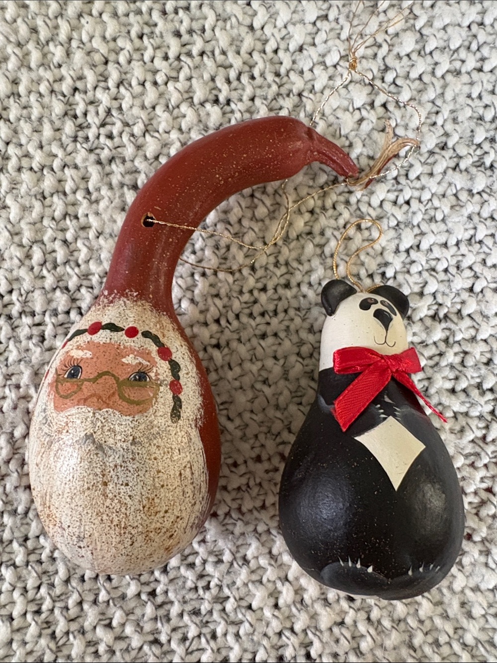 Hand-Painted Santa and Panda Gourd Ornaments - Red, Black, White